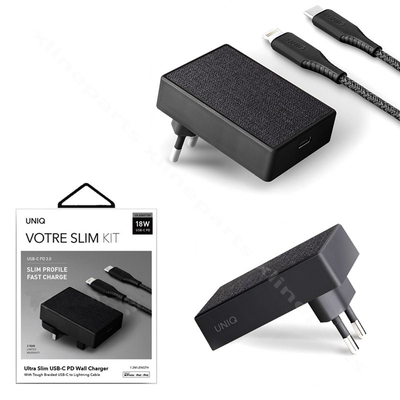 Зарядное устройство USB-C с кабелем USB-C на Lightning Uniq Votre Slim Kit 18 Вт, EU, черное
