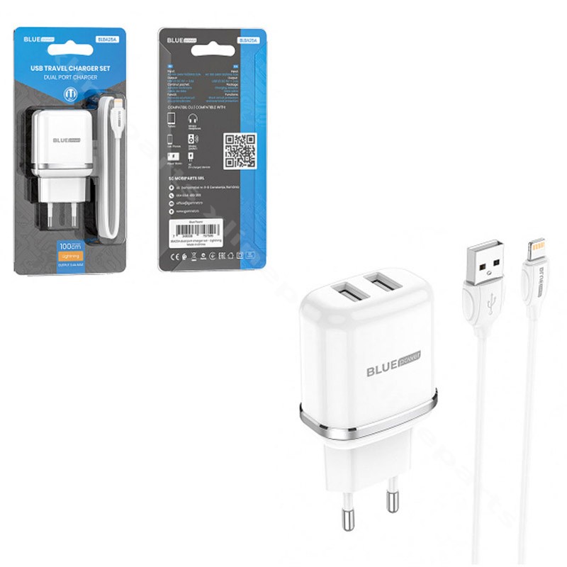 Charger Dual USB with USB to Lightning Cable 2.4A EU white
