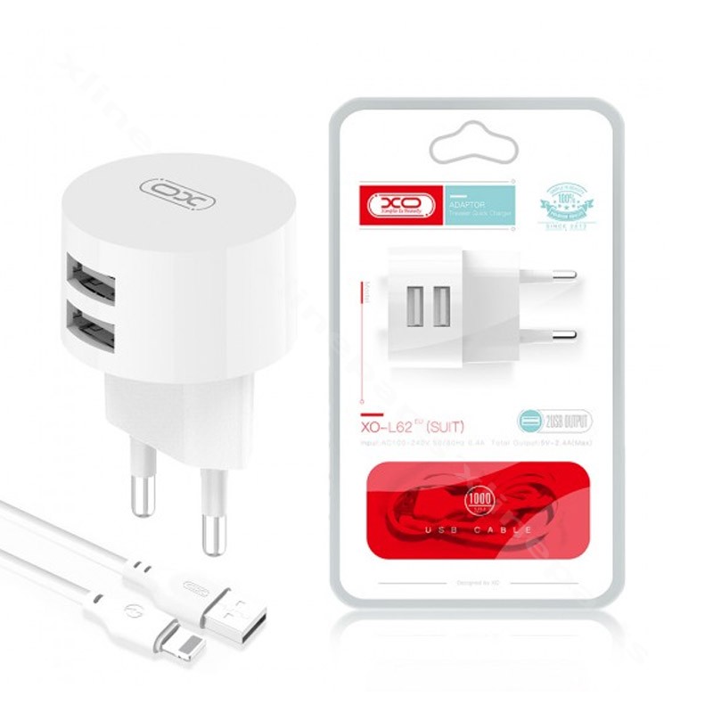 Зарядное устройство Dual USB с кабелем USB-C — Lightning XO L62 12 Вт, ЕС, белое