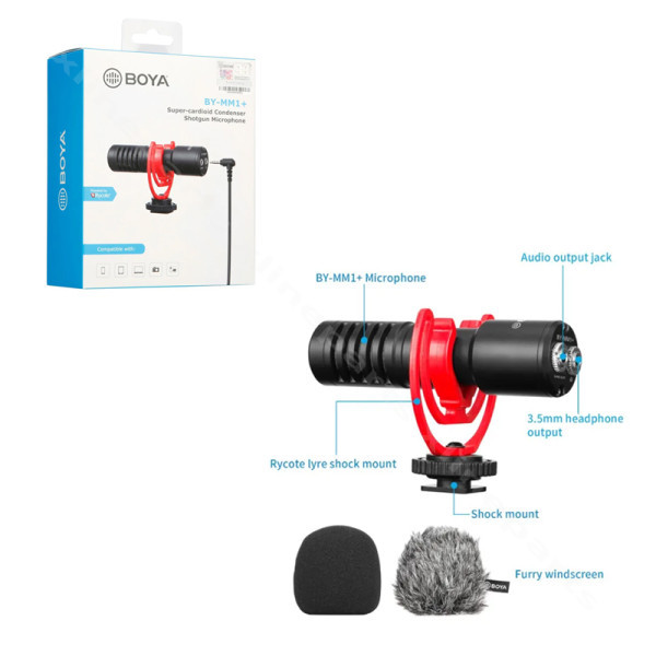 Ενσύρματο μικρόφωνο Boya BY-MM1+ Super-Cardioid Shotgun μαύρο κόκκινο