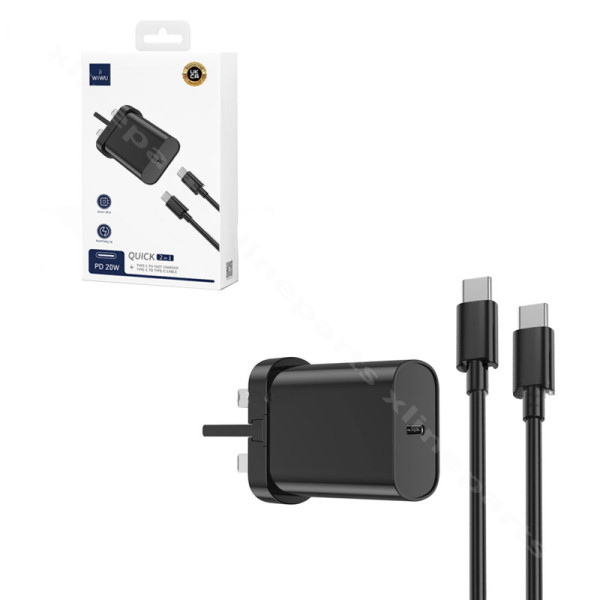 Зарядное устройство USB-C с кабелем USB-C на USB-C Wiwu Wi-U001 20 Вт UK, черное