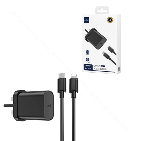 Зарядное устройство USB-C с кабелем USB-C — Lightning Wiwu Wi-U001 20 Вт UK, черное
