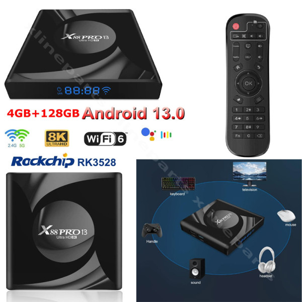 Android 13 TV Box X88 Pro13 RK3528 8K 4GB RAM 128GB black