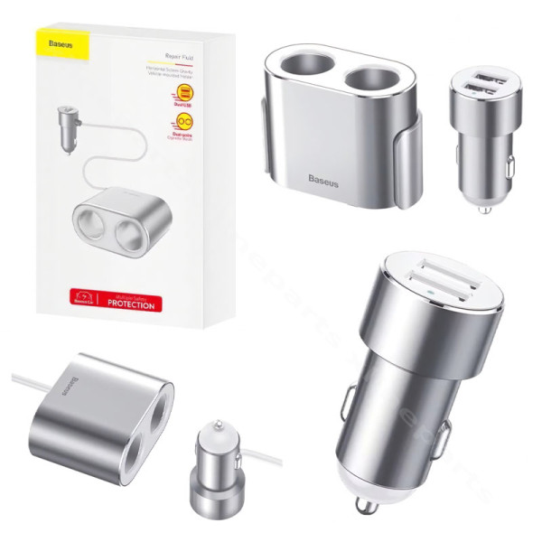 Car Charger Dual Extender Dual USB Baseus High Efficiency 95W 2.1A silver