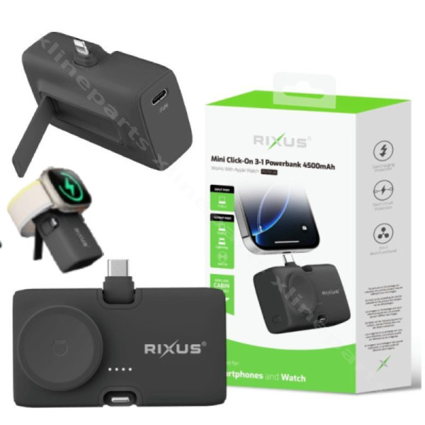 Power Bank Rixus RXPB13B Mini Click-On 3-σε-1 USB-C/ Lightning/ Ρολόι Φόρτιση 4500mAh μαύρο