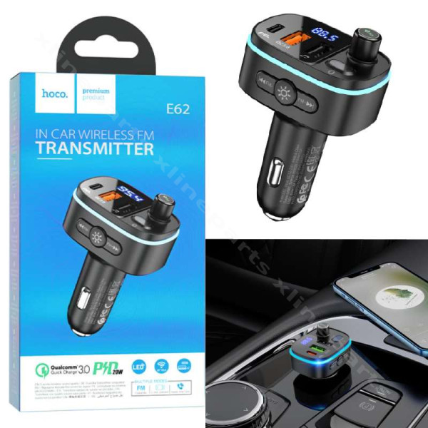 Bluetooth FM Car Transmitter Dual USB / USB-C Hoco E62 black