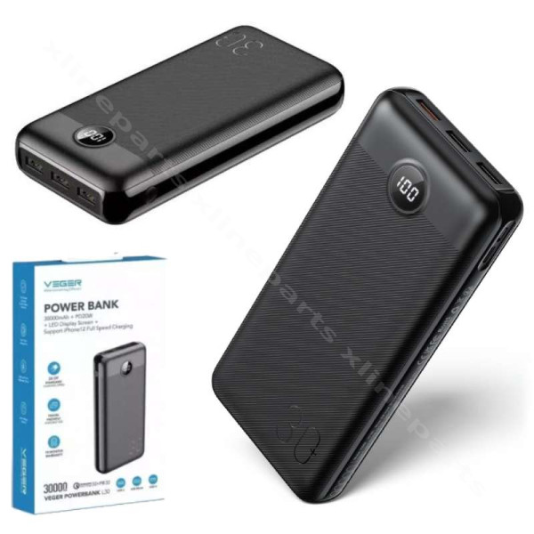 Power Bank Veger L30 Digital 3xUSB / USB-C / Micro USB 20W 30000mAh black